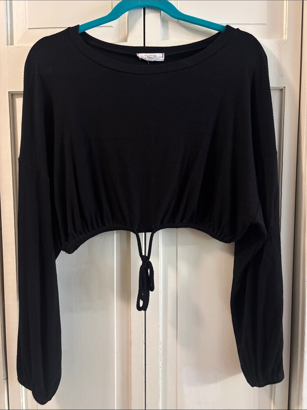 Black Cropped Drawstring Long-Sleeve Top - Women